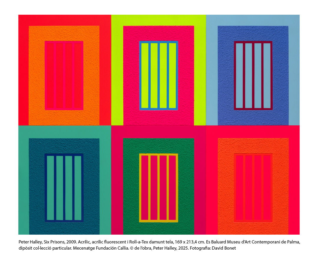 Peter Halley, Six Prisons, 2009. Acrylic, Day-glo acrylic and Roll-a-Tex on canvas, 169 x 213,4 cm. Es Baluard Museu d'Art Contemporani de Palma, private collection long-term loan. Patronage Fundación Callia. © of the work of art, Peter Halley, 2025. Photo: David Bonet